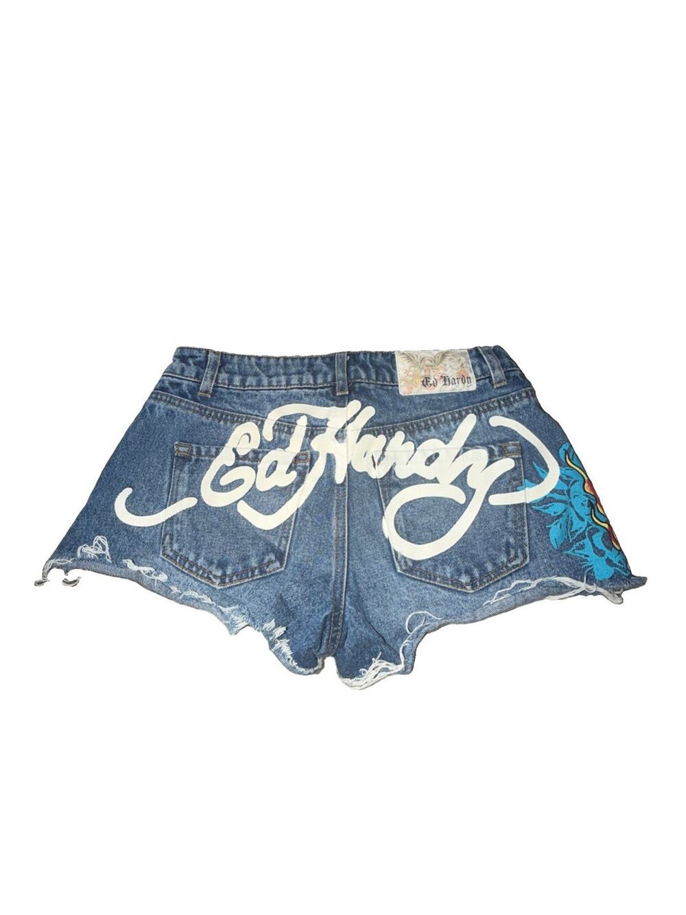 Ed Hardy Flame Skull Denim Jean Shorts Womens Size Small Wash Y2K Grunge (N27) - Picture 1 of 4